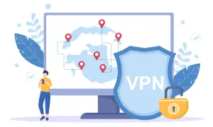 Zdalny dostęp do sieci domowej z VPN. Mapa z pinezkami, tarcza z napisem VPN i kłódka symbolizują bezpieczeństwo.