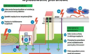 Schemat ilustruje budowę ogranicznika przepięć, pokazując różne rodzaje uderzeń pioruna i ich wpływ na instalacje elektryczne i sieci informatyczne.
