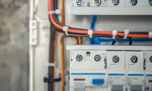 Szczegółowy widok podłączenia rozdzielnicy elektrycznej. Widać kable, bezpieczniki i zaciski.