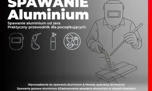 Ilustracja przedstawia spawanie aluminium. Widoczny spawacz w masce, palnik, butla z argonem i materiały BHP.