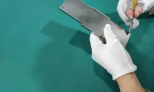 Ręce w białych rękawiczkach dokonują gratowania metalowego elementu za pomocą nożyka.