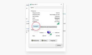 Okno stanu Wi-Fi, gdzie przycisk "Szczegóły..." jest podświetlony, co sugeruje wyszukiwanie IP.