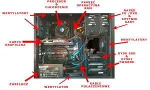 Wnętrze komputera: procesor, RAM, karta graficzna, dyski SSD i HDD, zasilacz, wentylatory, napęd CD/DVD i kable. Komputer budowa.