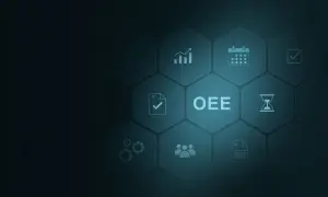 OEE wzór. Ikony symbolizujące wydajność, kalendarz, zadania, zespół, dokumenty i czas.