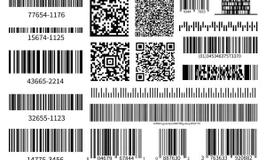 Różne rodzaje kodów QR i kodów kreskowych, od prostych linii po złożone kwadratowe wzory.
