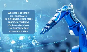 Niebieski robot przegubowy w ruchu, symbolizujący nowoczesną produkcję i automatyzację.
