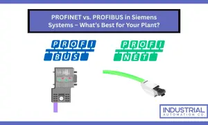 Porównanie PROFINET i PROFIBUS w systemach Siemens. Widoczne logo PROFIBUS z modułem, obok PROFINET z kablem Ethernet.