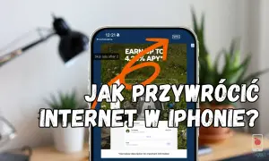 iPhone z napisem "Jak przywrócić internet w iPhonie?". Pomoc w konfiguracji internetu.