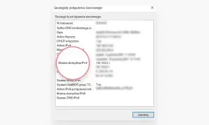 Szczegóły połączenia sieciowego pokazują adres bramy domyślnej IPv4, który jest kluczowy, by sprawdzić DNS routera.