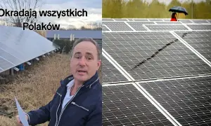 Mężczyzna mówi o problemach z fotowoltaiką, a w tle widać panele słoneczne i osobę z parasolem.