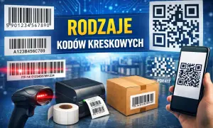 Różne typy kodów kreskowych: liniowe (EAN, ITF-14) i dwuwymiarowe (QR, PDF417). Skaner, drukarka, etykiety, paczka.