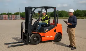 Pomarańczowy wózek widłowy z kierowcą w kamizelce i kasku. Obok stoi mężczyzna z notatnikiem. Czy na wózek elektryczny trzeba mieć uprawnienia?