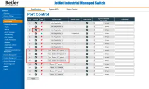 Konfiguracja switcha: Port Control. Widoczne ustawienia portów 1-16, w tym prędkość, status i kontrola przepływu. Porty 9-12 mają ustawioną prędkość "Fiber: Detect SFP speed".