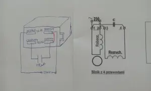 Schemat podłączenia silnika jednofazowego 4 przewody z kondensatorem 28 µF.