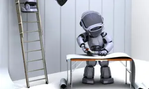 Ciekawostki o robotach: robot maluje ścianę, inny robot stoi na drabinie.