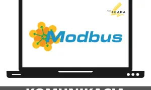 Laptop z logo Modbus i napisem "rysuje SCADA". Program do komunikacji Modbus RTU.