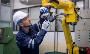 Inżynier w białym kasku i granatowym kombinezonie dokonuje precyzyjnych regulacji przy żółtym ramieniu robota. To kluczowy moment w serwisie automatyki, zapewniający płynne działanie linii produkcyjnej.