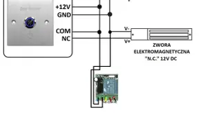 Schemat podłączenia przycisku "Door Release" do zwory elektromagnetycznej 12V DC. Jak podłączyć dodatkowy przycisk do otwierania furtki.