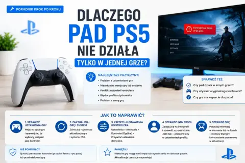 Poradnik rozwiązywania problemów z padem PS5, gdy nie działa w jednej grze. Opisuje przyczyny i kroki naprawcze, w tym sprawdzanie ustawień gry, aktualizacje systemu i kontrolera.