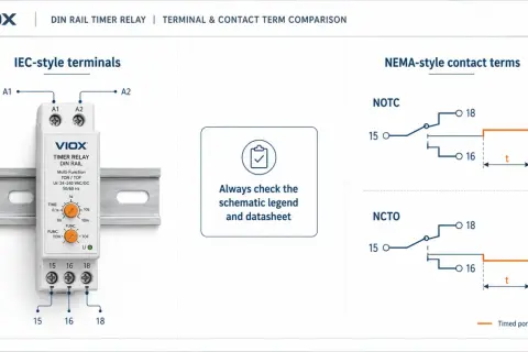 VIOX DIN Rail Timer Relay. Porównanie styków NOTC i NCTO. Ustawienie czasu na timerze.