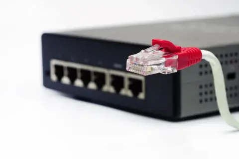 Czerwony wtyk kabla sieci ethernet podłączony do czarnego switcha z wieloma portami.