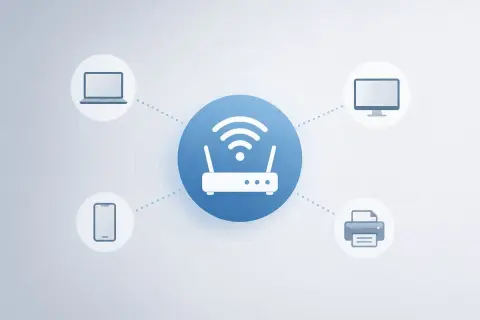 Router centralny, od którego rozchodzą się połączenia do laptopa, telefonu, komputera i drukarki. Ilustracja przedstawia wyszukiwanie urządzeń w sieci.