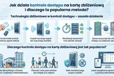 Ilustracja pokazuje, jak działają metody dostępu do sieci oparte na kartach zbliżeniowych: od emisji sygnału, przez weryfikację, po przyznanie dostępu.