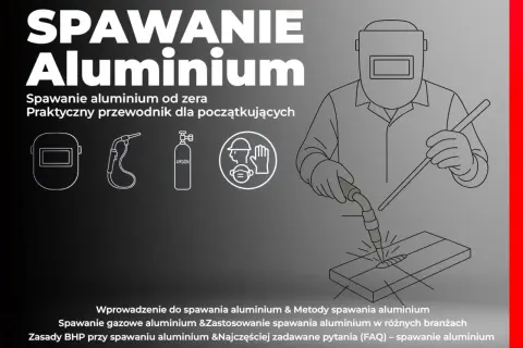 Ilustracja przedstawia spawanie aluminium. Widoczny spawacz w masce, palnik, butla z argonem i materiały BHP.