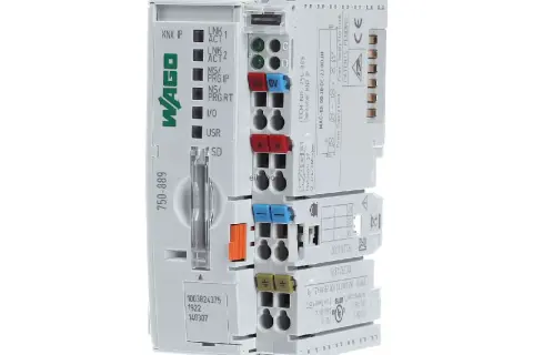 Moduł WAGO 750-889, kontroler KNX IP, z wieloma wskaźnikami LED i złączami.