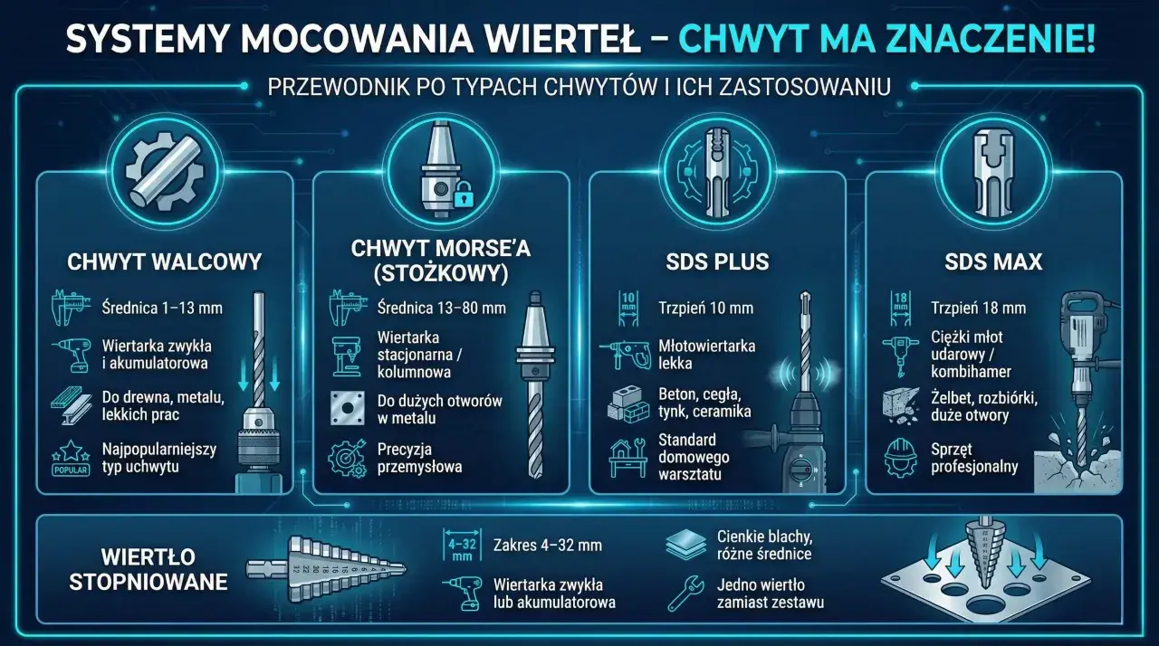 Rodzaje wierteł do metalu: walcowy, Morse'a, SDS PLUS, SDS MAX. Wiertło stopniowane do cienkich blach.