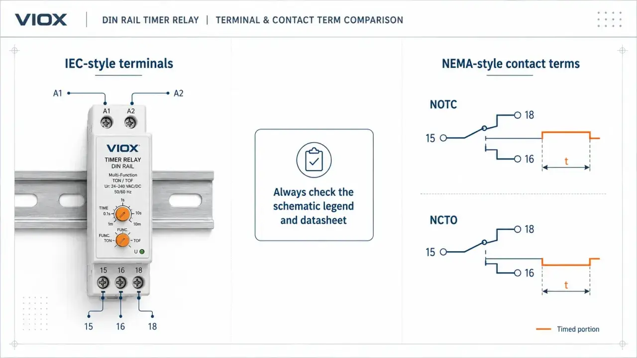 VIOX DIN Rail Timer Relay. Porównanie styków NOTC i NCTO. Ustawienie czasu na timerze.