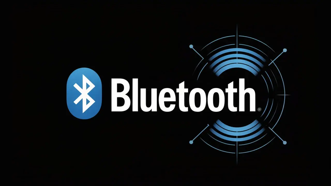 Logo Bluetooth, symbolizujące komunikację bezprzewodową, z nazwą technologii.