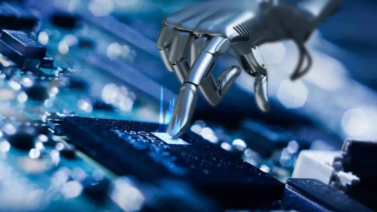 Robotyczna dłoń bada różne rodzaje cip na niebieskiej płycie drukowanej.