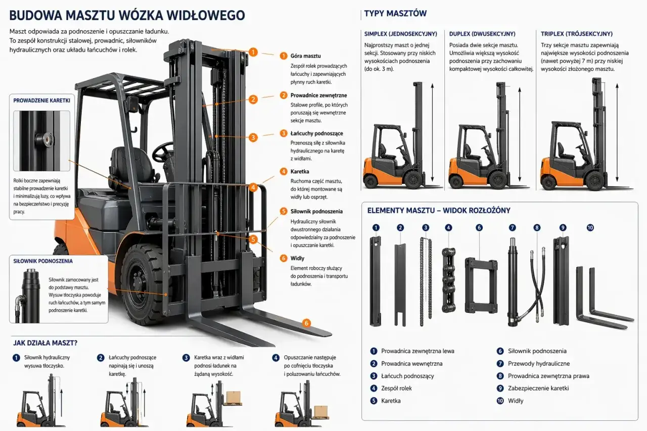 Schemat budowy masztu wózka widłowego: prowadnice, łańcuchy, karetka, siłownik podnoszenia i widły.