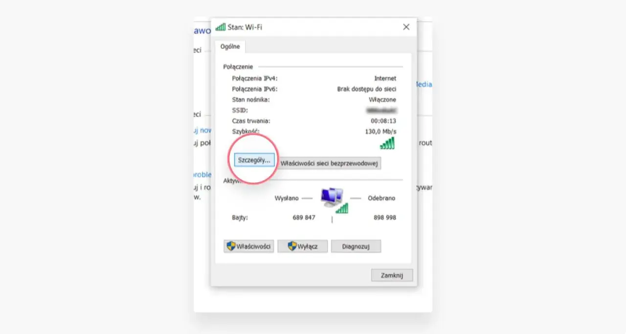 Okno stanu Wi-Fi, gdzie przycisk "Szczegóły..." jest podświetlony, co sugeruje wyszukiwanie IP.