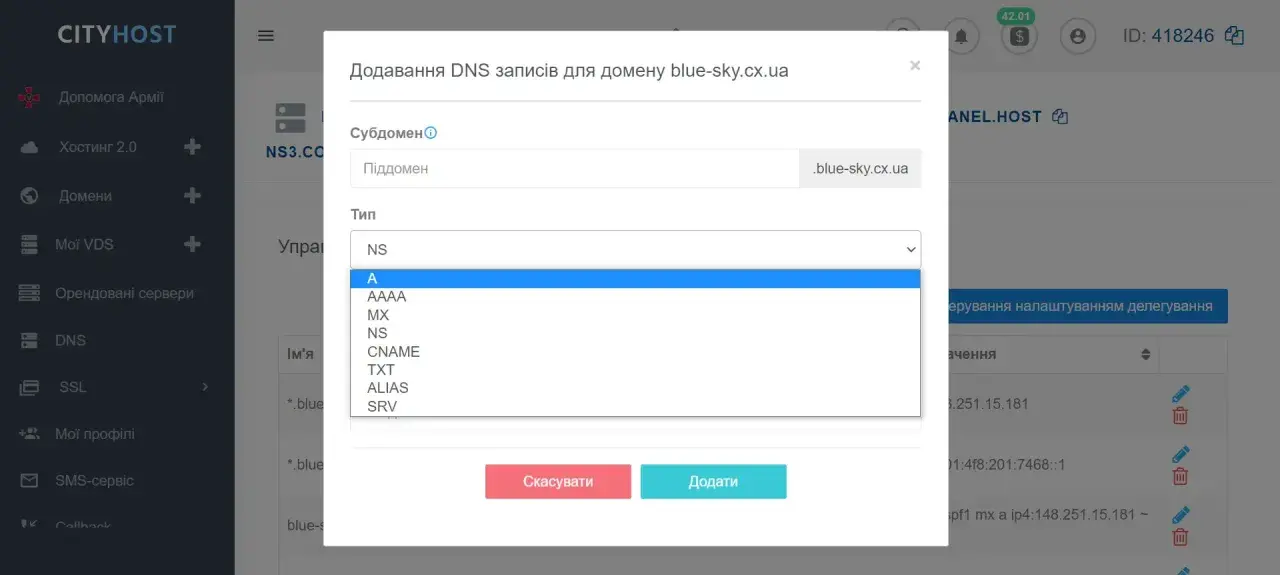 Dodawanie wpisu DNS typu A dla domeny blue-sky.cx.ua. Wpis SRV to jeden z typów rekordów DNS.