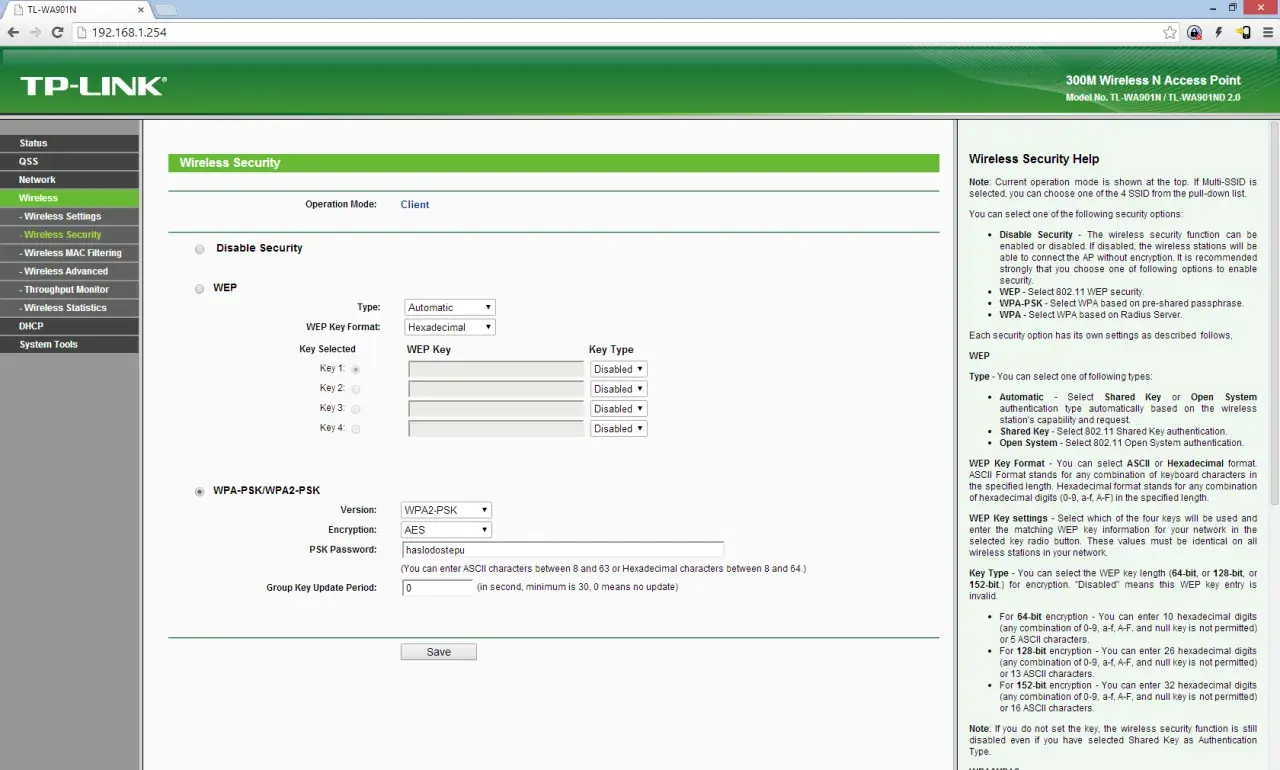 Konfiguracja Wi-Fi Livebox 2.0: wybór WPA2-PSK, AES, hasło "haslodostepu".