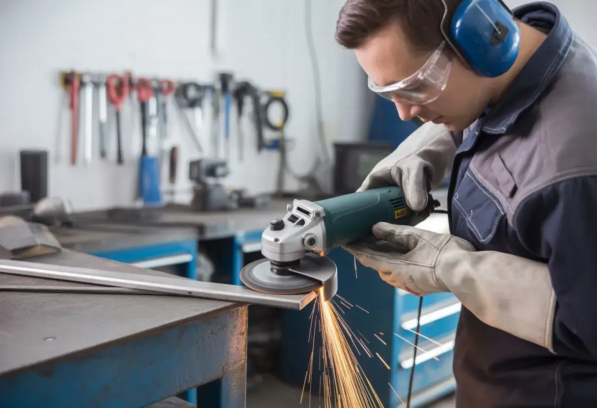 Pracownik w okularach i rękawicach używa szlifierki kątowej, by czym przeciąć metal. Iskry sypią się wokół.