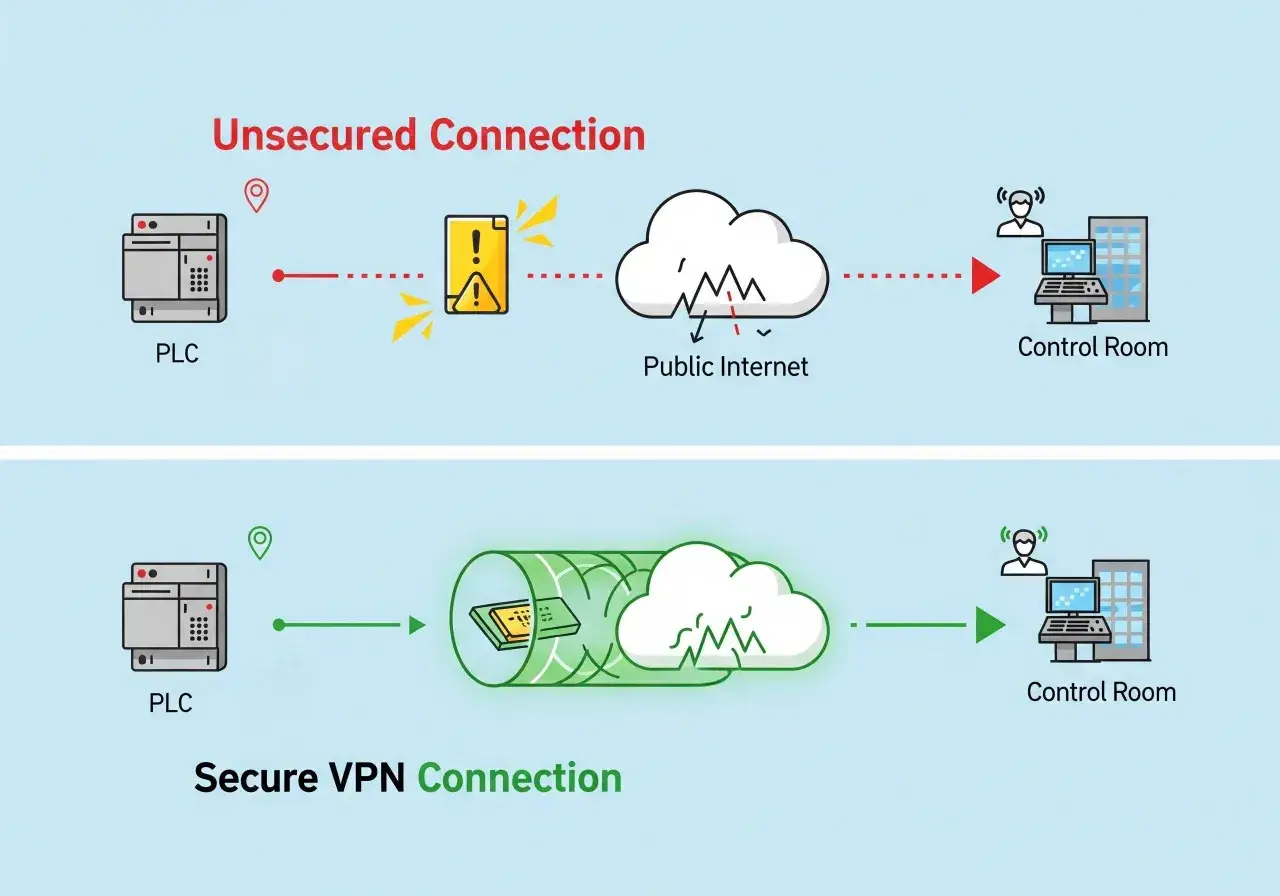 Dwa schematy pokazujące połączenie PLC z pokojem kontrolnym. Górny pokazuje niebezpieczny dostęp zdalny przez publiczny internet, dolny bezpieczny dostęp zdalny przez VPN.