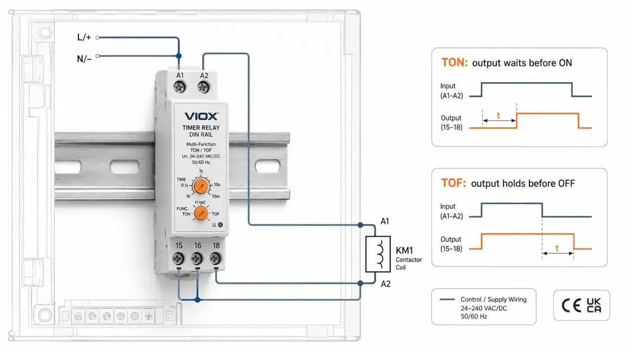 Przekaźnik czasowy VIOX DIN RAIL z funkcją TON. Schemat pokazuje działanie przekaźnika z opóźnieniem włączania.