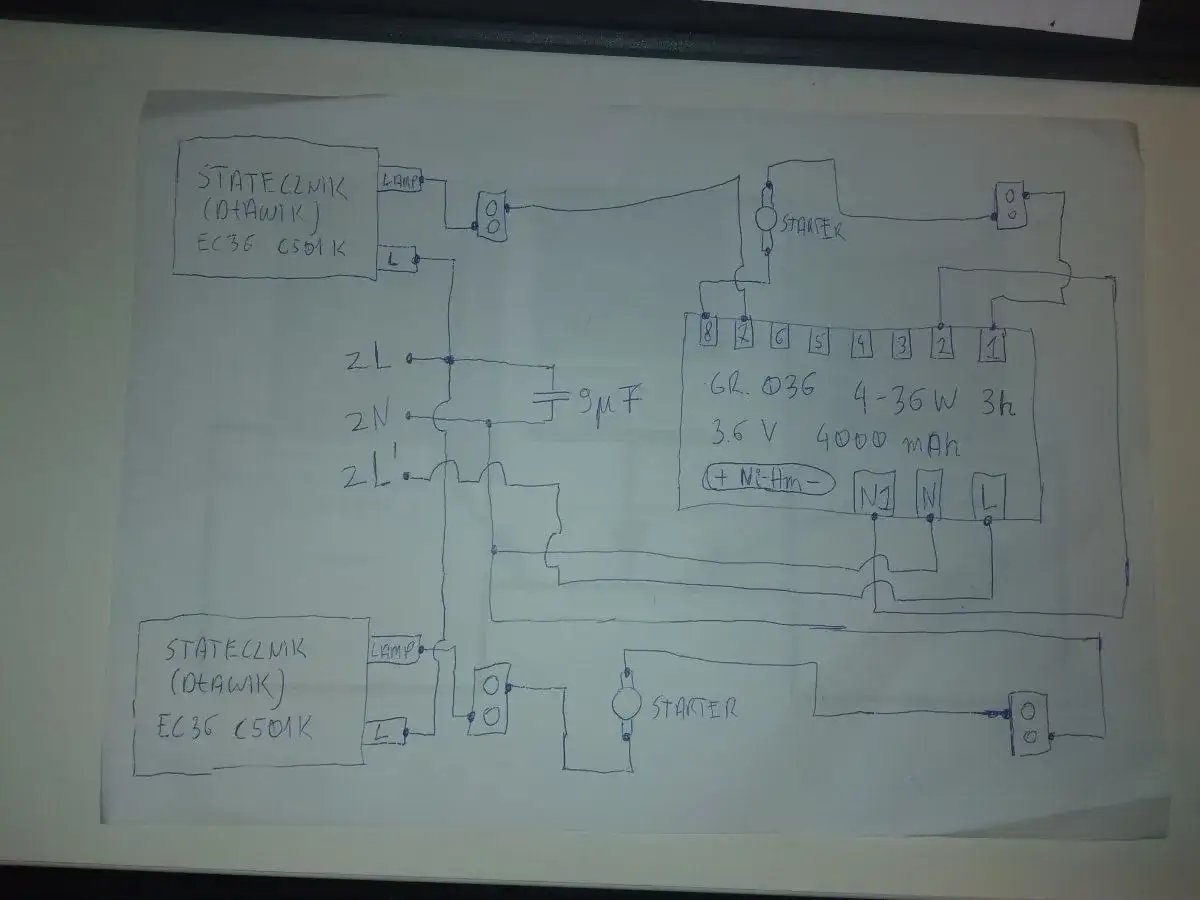 Schemat podłączenia modułu oświetlenia awaryjnego. Widać stateczniki, lampy, starter oraz akumulator Ni-MH.