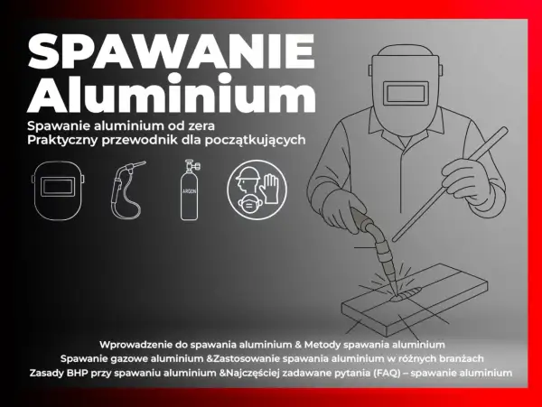 Ilustracja przedstawia spawanie aluminium. Widoczny spawacz w masce, palnik, butla z argonem i materiały BHP.